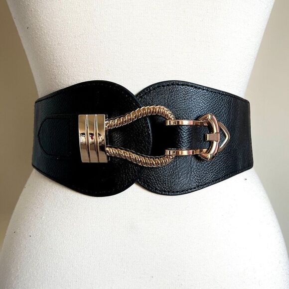 Wide Stretch Waist Belt – Black with Gold Clasp | Size: S/M/L - Picture 1 of 6